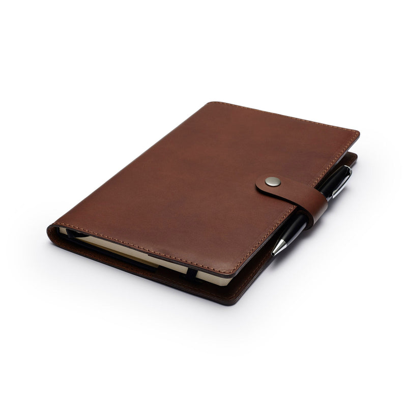 Personalised Dark Brown Leather A5 Notebook Metal Pen front